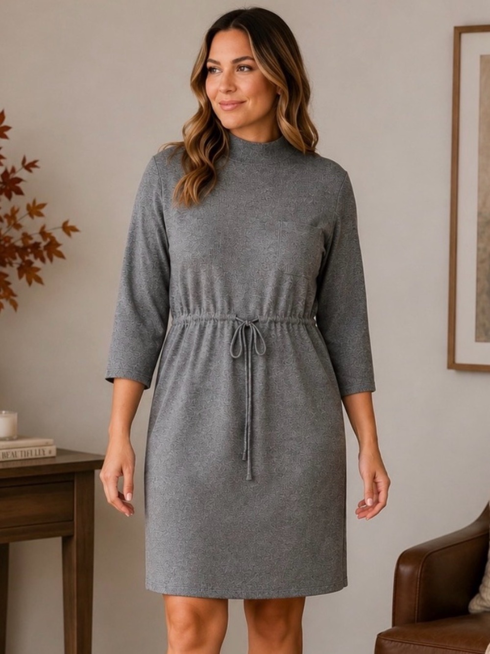 POL Gray Mock Neck Drawstring Waist Sweater Dress Size L